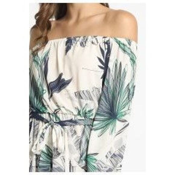 Boho Tropical Palm Print Off Shoulder Maxi Dress 3/4 Sleeve Tie Elastic Waist M - Picture 11 of 12